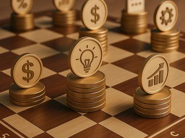 Chessboard with stacked coins symbolizing financial strategy and growth.