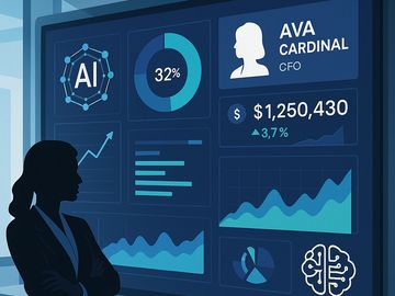 Silhouette of a woman reviewing AI-driven financial data on a digital screen.