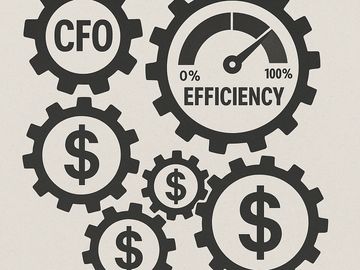 Black gear icons with CFO, dollar signs, and efficiency meter on a white background.
