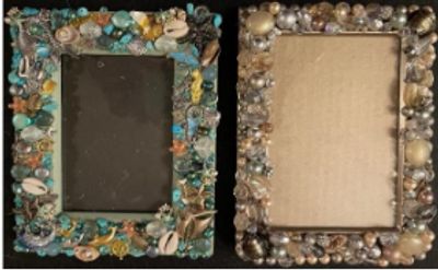Two seashell-decorated photo frames with distinct color themes.