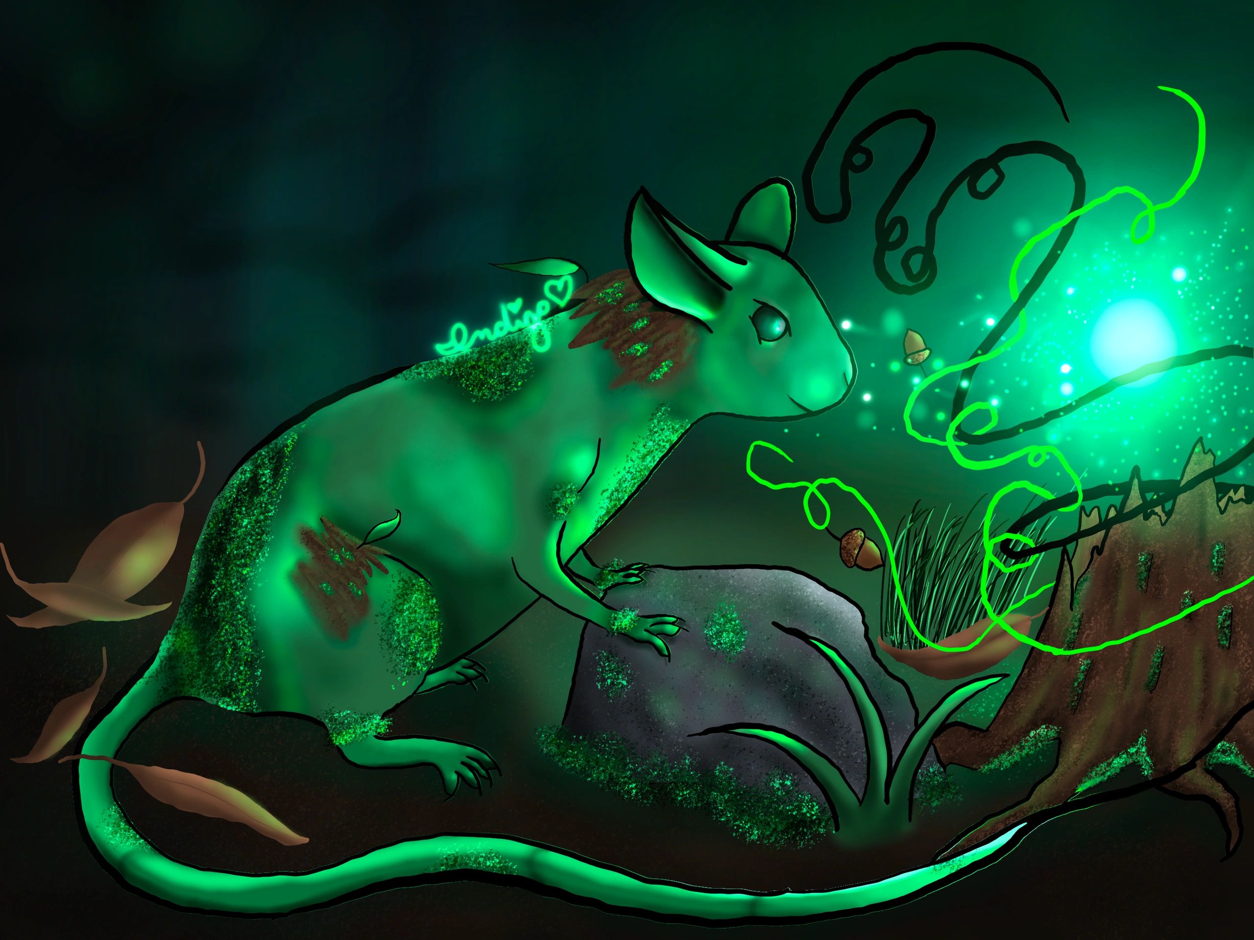 Glowing green mouse exploring magical forest at night.