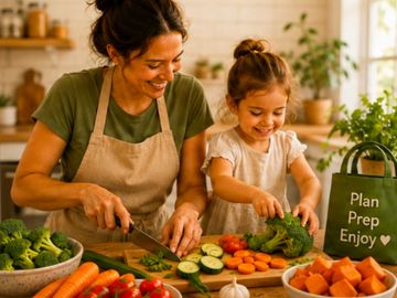 Mother and daughter preparing vegetables together.