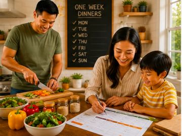 Family planning weekly meals together in the kitchen.