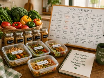 30-day meal plan with prepared meals and ingredients.
