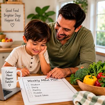 Father and son planning meals together in the kitchen.