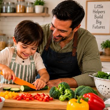 Father and son cooking together with fresh vegetables.