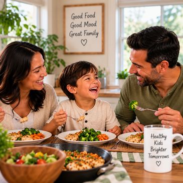 Happy family enjoying a healthy meal together at home.