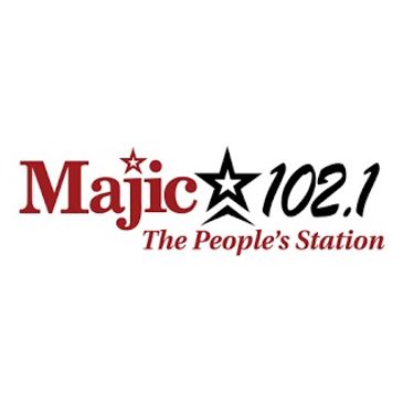 Majic 102.1 radio station logo with stars and tagline.