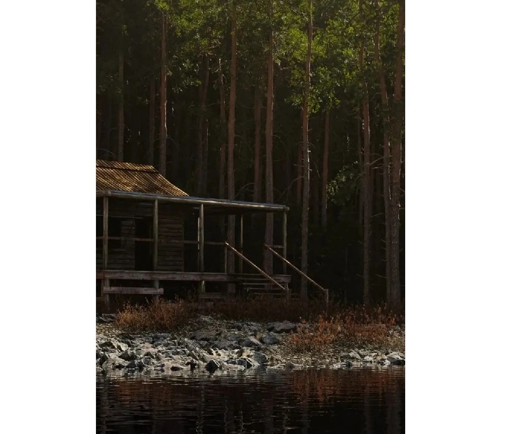 Abandoned wooden cabin by the lakeside in a dark forest.