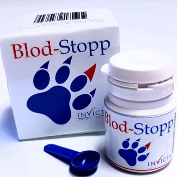 Blod-Stopp wound care powder with packaging and a blue measuring spoon.