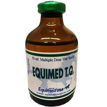 Brown glass vial labeled EQUIMED T.Q. with a green cap.