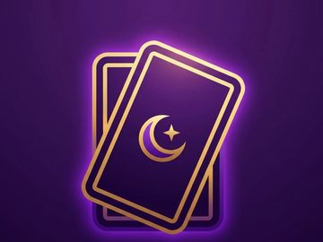 Stylized tarot cards with crescent moon and star on a purple background.