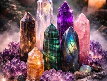 Colorful polished crystal points surrounded by amethyst clusters.