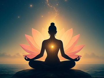 Silhouette meditating with glowing heart and lotus petals at sunset.