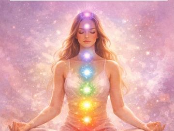 Woman meditating with glowing chakras aligned on her body.