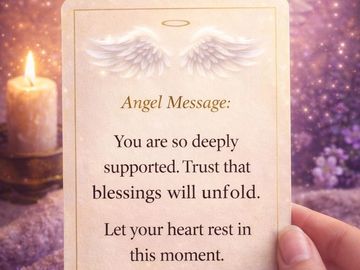 A hand holds an inspirational angel message card with a glowing candle nearby.