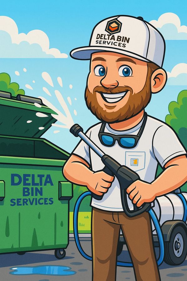 Cartoon of a man power washing a dumpster for Delta Bin Services.