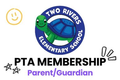 Two Rivers Elementary School PTA membership logo with a turtle.