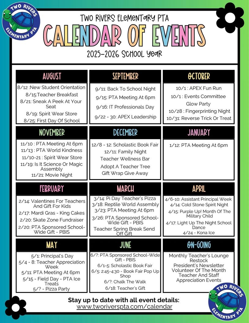 Two Rivers Elementary PTA calendar of events for 2025-2026 school year.