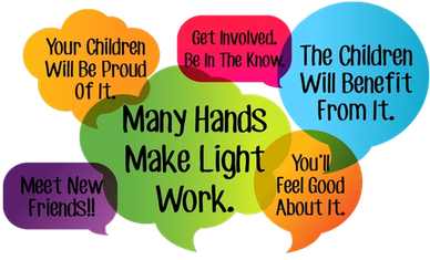 Colorful speech bubbles with motivational messages about teamwork and children.