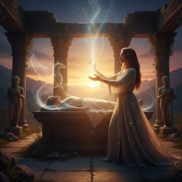 A mystical woman summons a glowing dragon spirit from a figure on a stone altar at sunset.