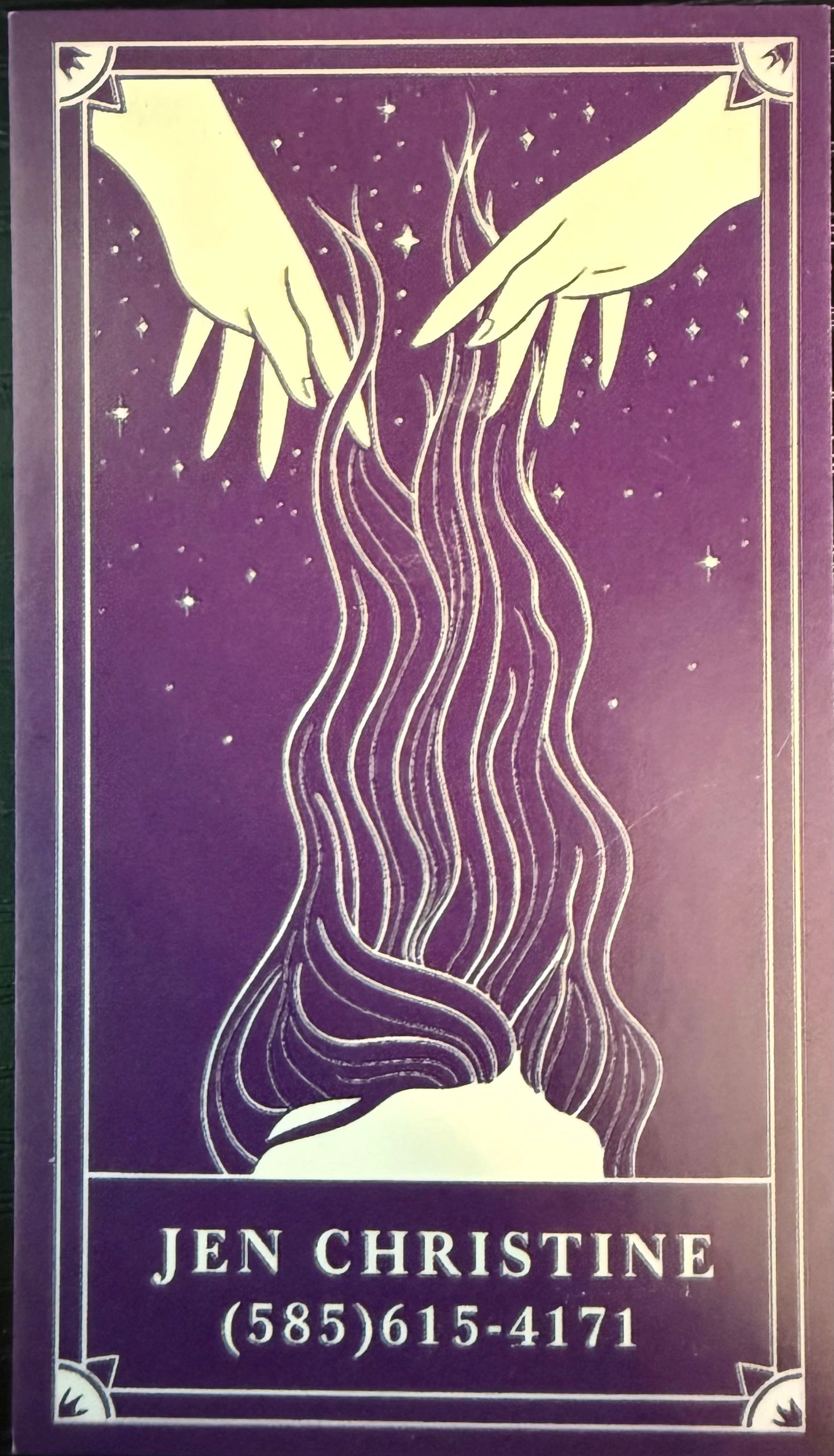 Illustration of hands and flowing hair with contact information for Jen Christine.