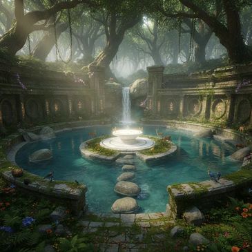 A serene ancient stone pool with deer, birds, and a waterfall surrounded by lush forest.