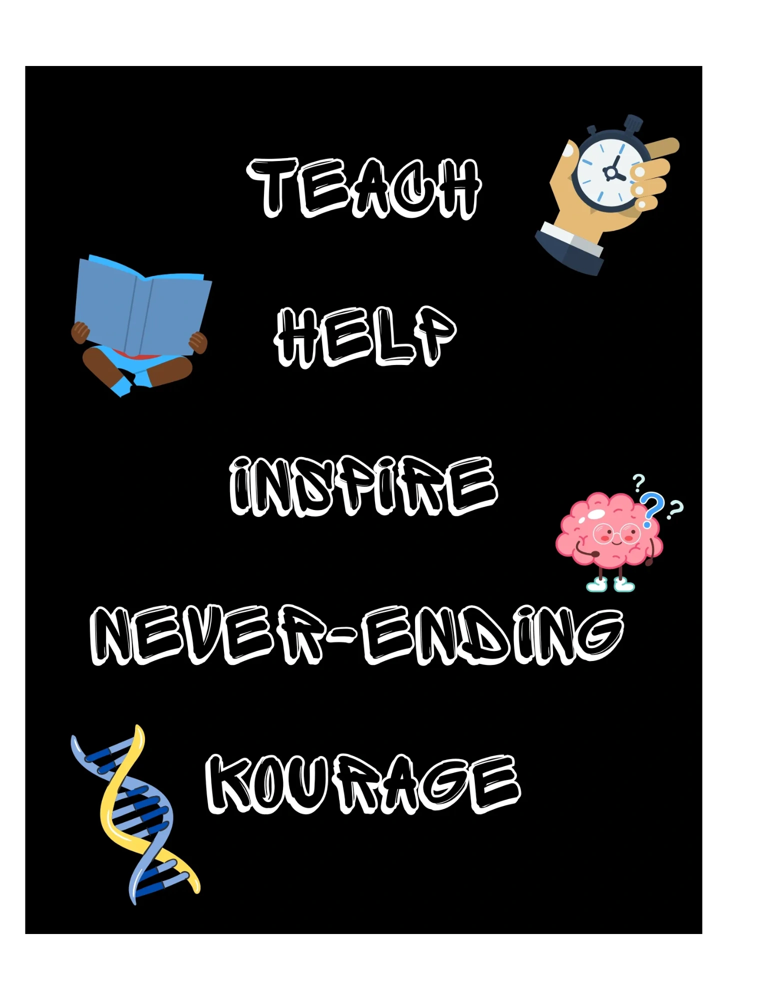 T.H.I.N.K LOGO. 
TEACH
HELP
INSPIRE
NEVER-ENDING 
KOURAGE
INSPIRE
NEVER-ENDING
KOURAGE 