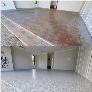 Residential garage floor transformation from worn out and stained to epoxied in Salt & Pepper flake.