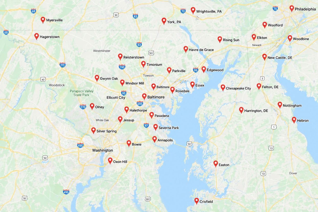 Map showing locations around Baltimore, MD and Delaware.