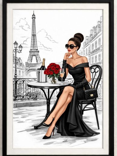 Sophisticated Paris fashion illustration of a woman in a black gown sitting at a terrace café. This 
