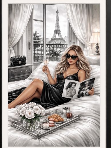 Parisian chic, Eiffel Tower view, luxury lifestyle, breakfast in bed, French elegance. Portrait 