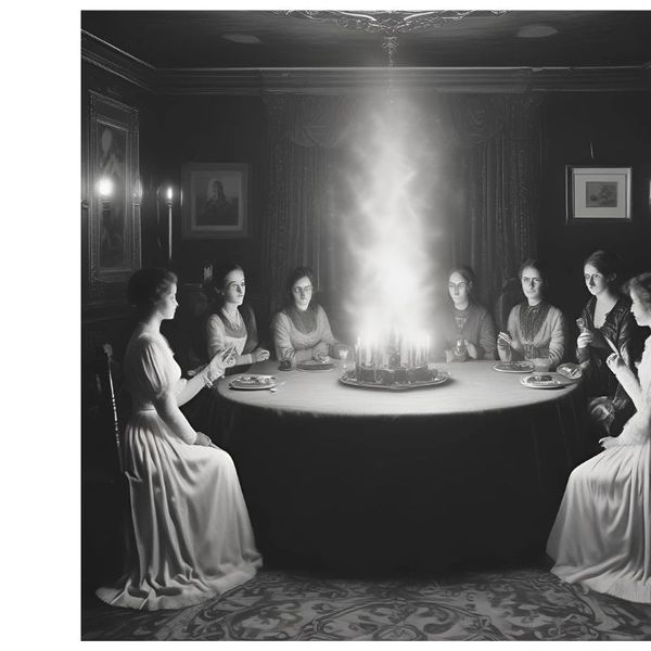 Seven women in vintage dresses sit around a round table with glowing candles.