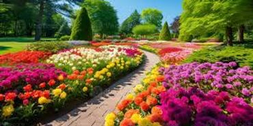 Colorful flower garden with a winding path.