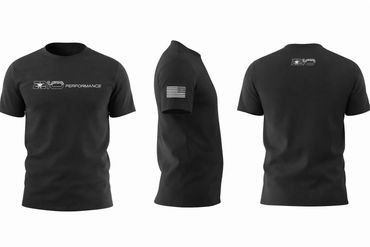Black performance T-shirt with logo and American flag sleeve patch.
