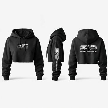 Black cropped hoodie with 210 Performance logo on front, sleeve, and back.