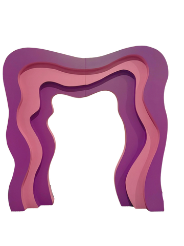 Abstract wavy arch sculpture in shades of pink and purple.