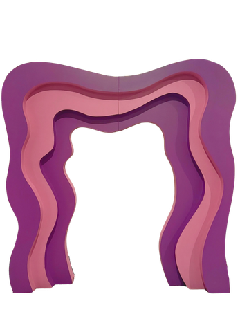 Abstract wavy arch sculpture in shades of pink and purple.
