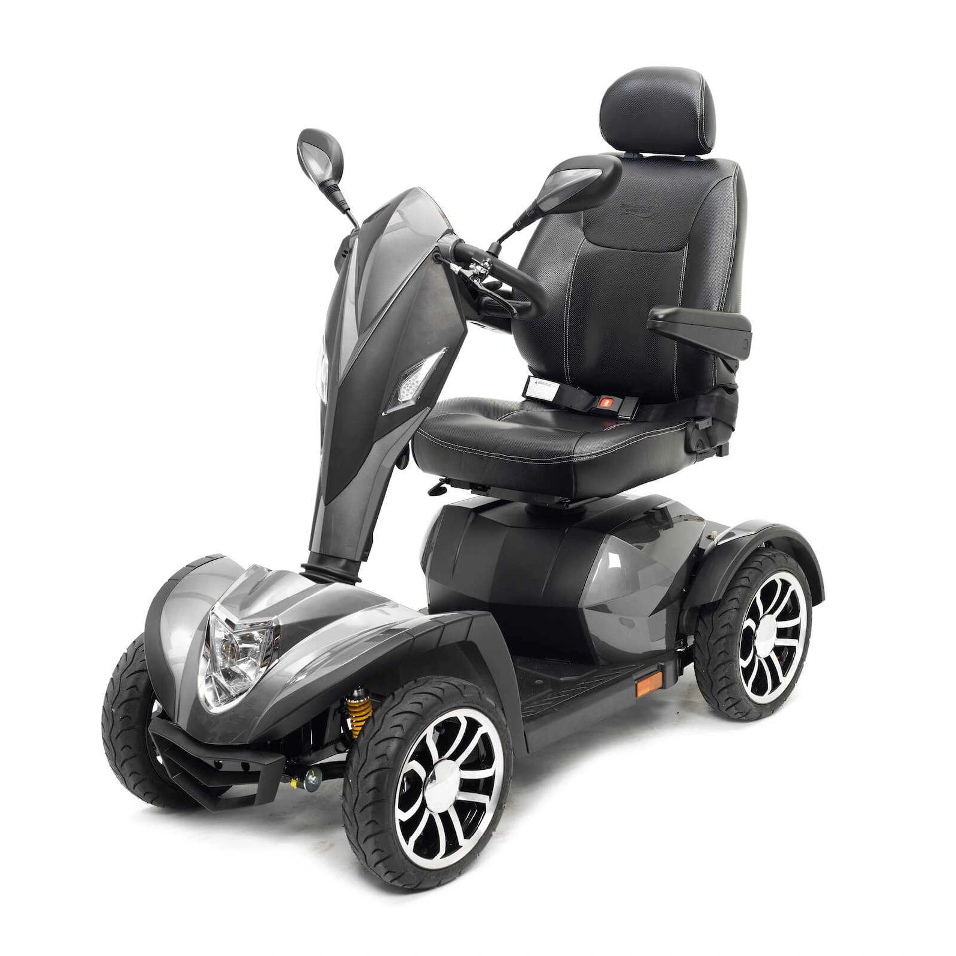 Modern mobility scooter with leather seat and rearview mirrors.