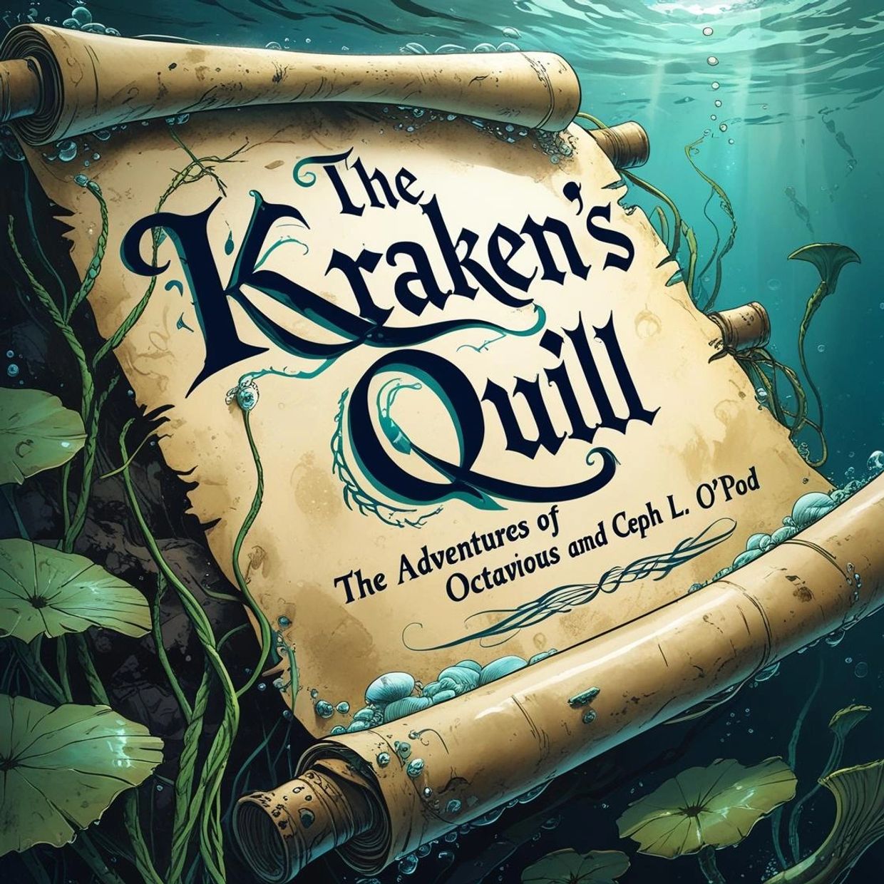 An underwater scroll titled 'The Kraken's Quill' with seaweed and bubbles around.