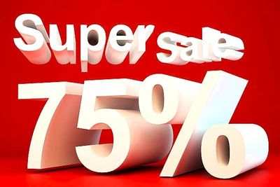 3D text showing a super sale with 75% discount on a red background.