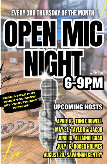 Open Mic Night every 3rd Thursday, 6-9PM, with free pint offer and upcoming hosts listed.