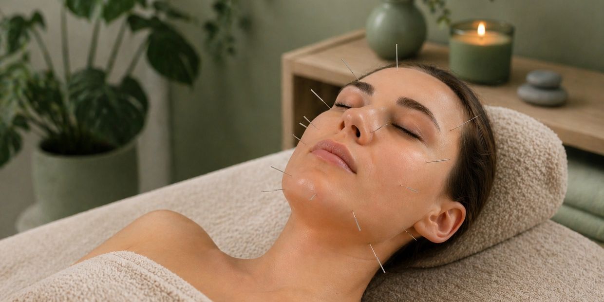 Woman receiving facial acupuncture therapy in a calm spa setting.