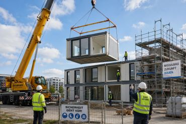 Crane lifting a modular building unit at a construction site.