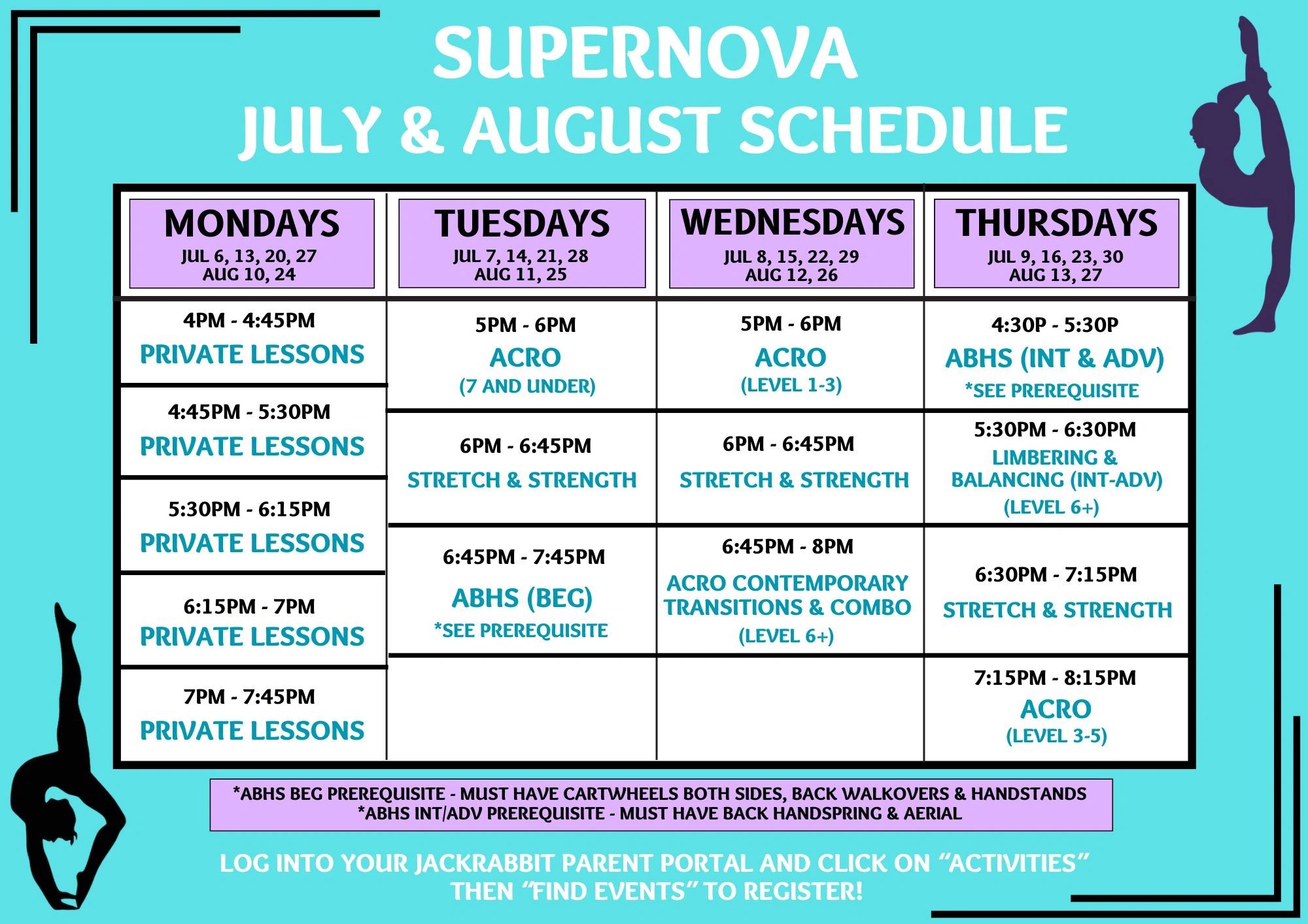 Supernova's July and August weekly acro and private lesson schedule.