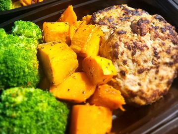 Turkey Patties, Roasted Sweet Potatoes, and Greens