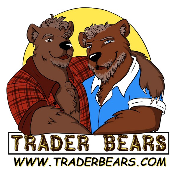 Two anthropomorphic bears in shirts, smiling with arms around each other, logo for Trader Bears.