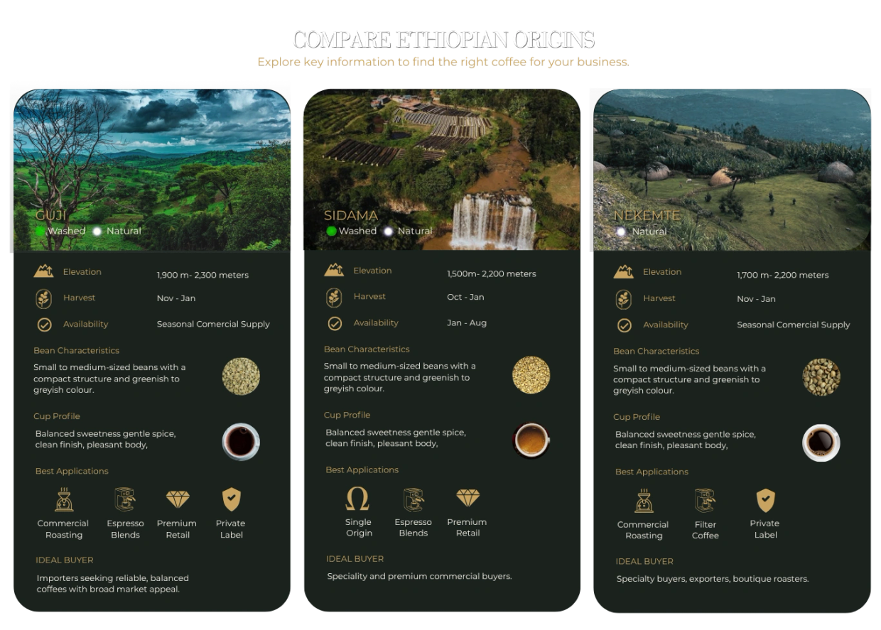 Comparison of Ethiopian coffee origins: Guji, Sidama, Nekemte with details on elevation, harvest, and applications.