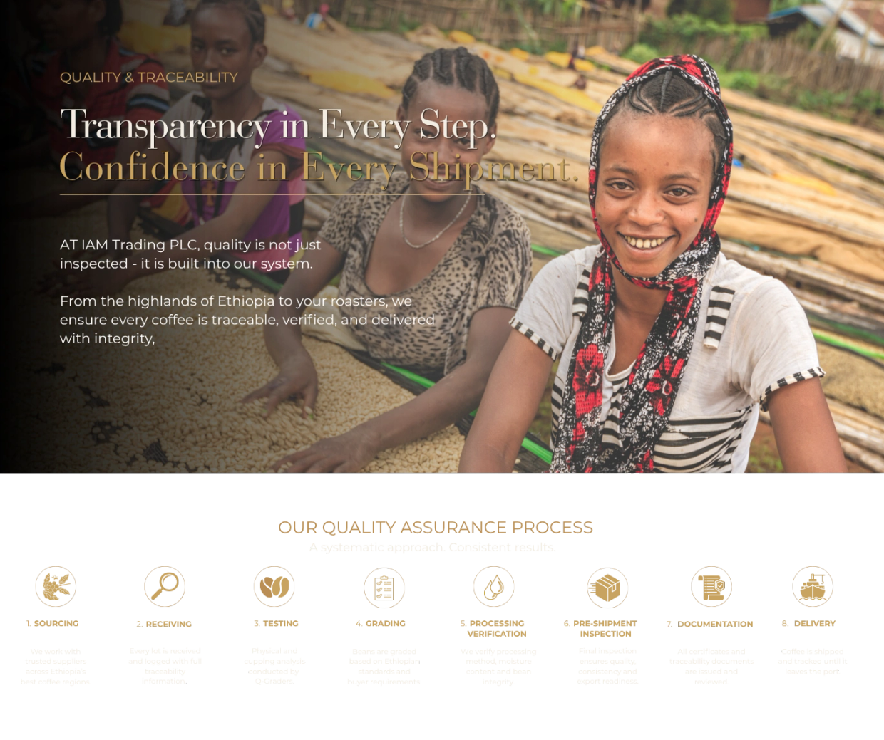 Smiling woman at a washing station and coffee quality assurance process in Ethiopia.
