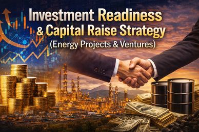 Handshake over energy investments with coins, oil barrels, and cash.